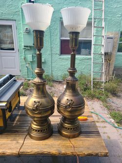Brass Pair Large Lamps Antique 