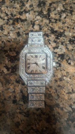 CARTICE MOISSANITE ICED-OUT DIAMOND WATCH WITH 8" ICED OUT BRACELET  AND TWO PAIRS OF ZIRCONIA EARINGS