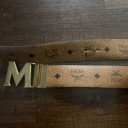 ($200) MCM AUTHENTIC DESIGNER BELT - Gold Buckle Brown Leather Beige Black 