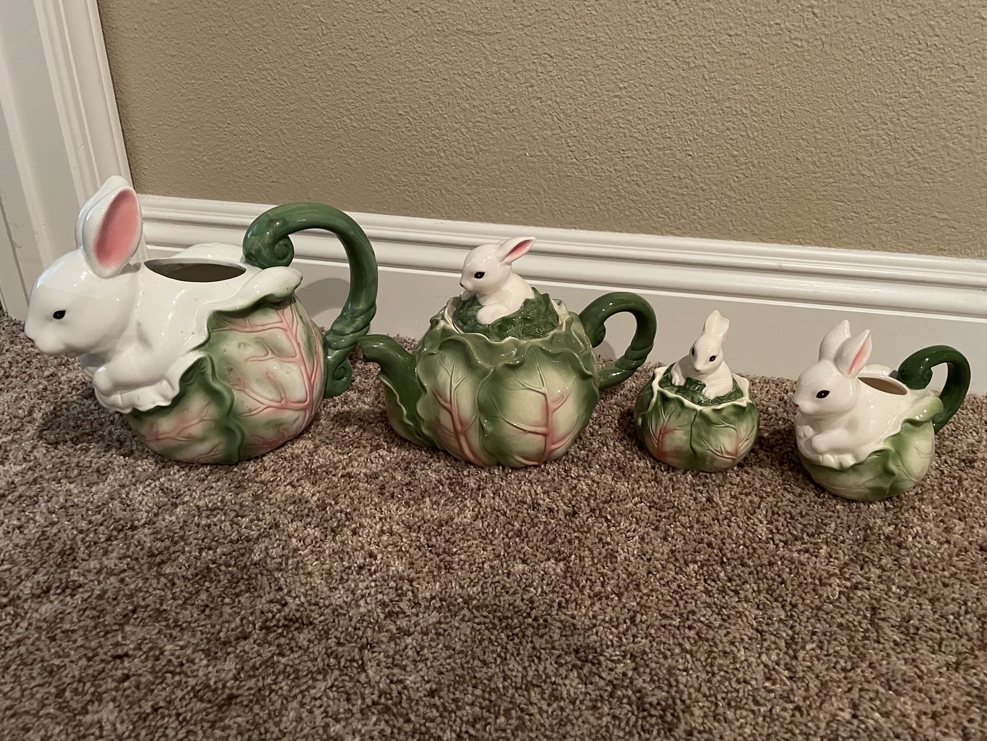 Rabbit Pitcher, Teapot, Sugar And Creamer Set
