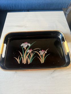 Black Lacquer Serving Tray with Floral Design