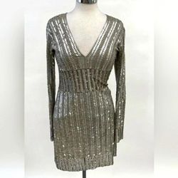 Farahkhan Designer Beaded Women's Silver Tone Formal Party Cocktail Dress S