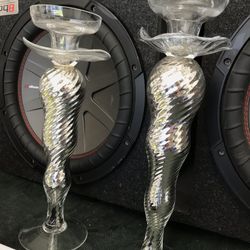 Unique Home Decor Pieces. Silver Toned made of Glass-One 12” and one 13” Tall. Looks like Tapered candles could be put in them? Both for $20. Porch Pi