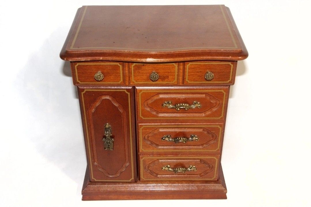 Vintage Wooden Jewelry Armoire Cabinet With Drawers & Mirror Organizer