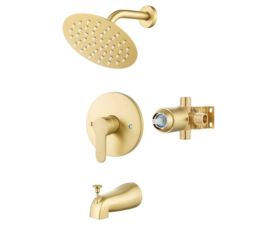 Tub Shower Faucet Set Tub and Shower Trim Kit with 6 Inch High Pressure Rian Shower HeadShower Head and Handle Set Brushed Gold