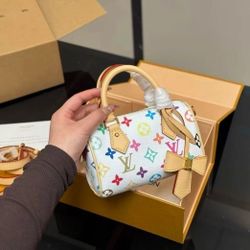 White Tricolor Coated Canvas Leather Trim Boston Bag Crossbody Handbag Super Mini Women's White and Light Brown