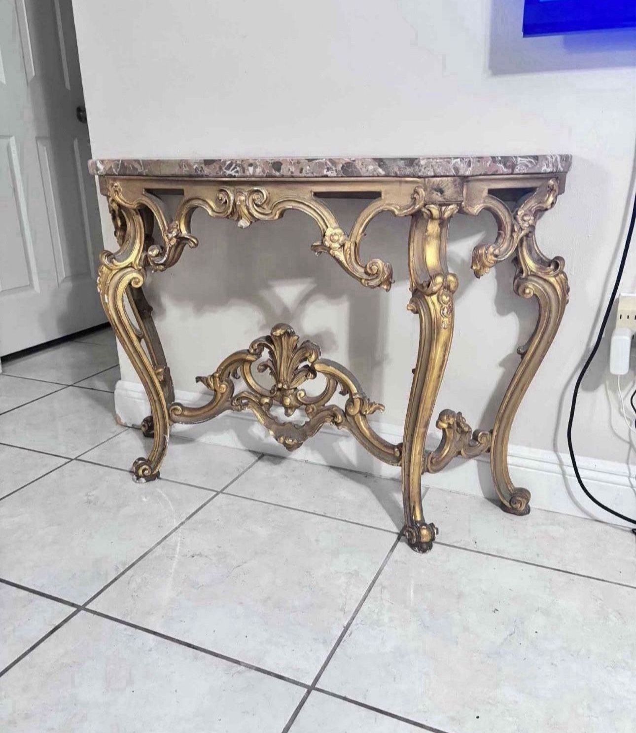 Antique Foyer Table With Marble Top 43”Lx13.5”Wx30”H