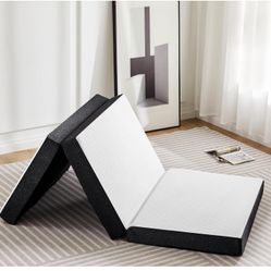 KMFurnila Folding Memory Foam Mattress, 4" Tri-Fold Single Mattress Topper with Washable Cover, Non-Slip Portable Guest Floor Bed for Travel Camping