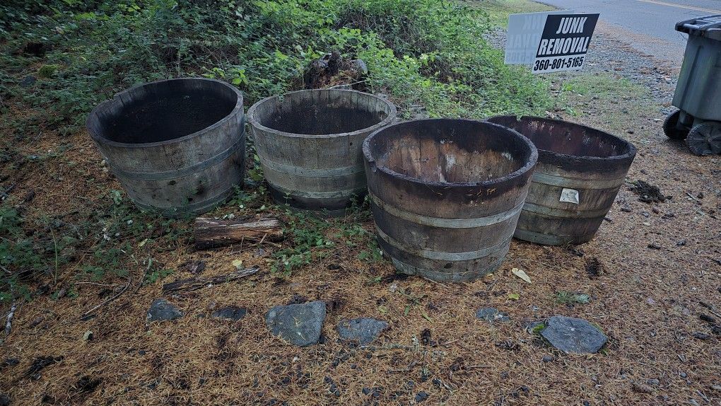 "Real Wood Products" Barrel Flower Pots.