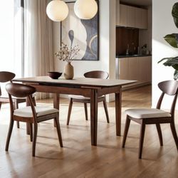 Brand New Dark Walnut & Beige Mid Century Modern Style 5pc Dining Table Set 