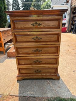 Vintage Tallboy 5-Drawer Dresser with Hidden Jewelry Storage & Mirror