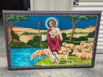 Vintage Framed Turkish Velour Wall Tapestry featuring Jesus as the Shepherd with a flock of sheep