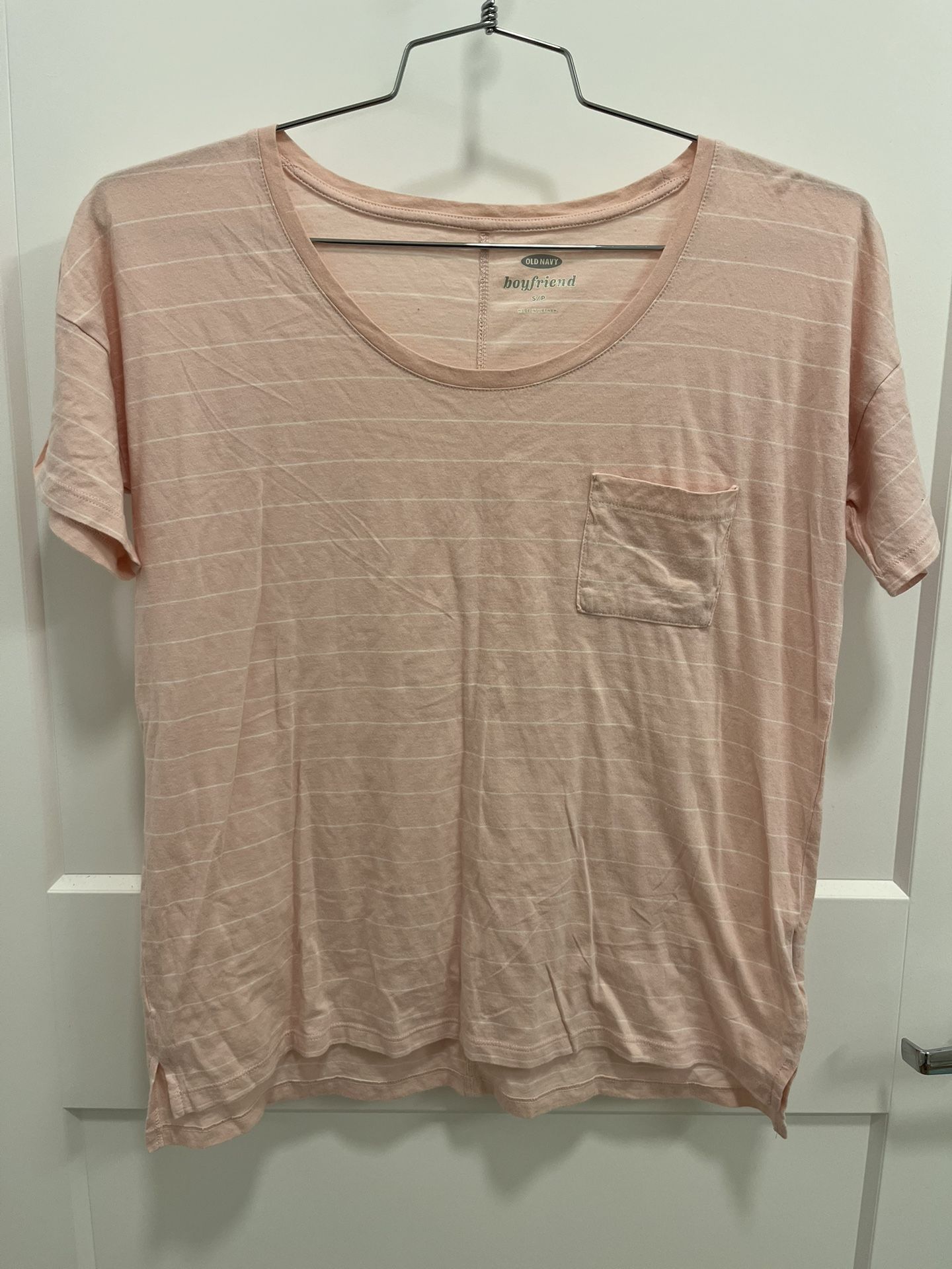 Old Navy Ladies Pink Stripped Boyfriend Pocket Tee - Size Small