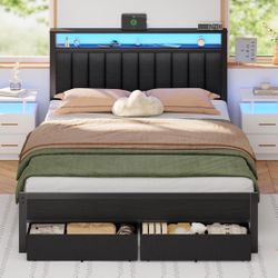 BRAND NEW Queen Bed Frame with Charging Station and LED Lights, Grey Upholstered Headboard with Shelves, Metal Platform Bed with 2 Under-Bed Storage (