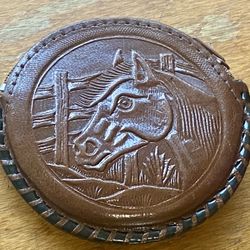 Tooled Leather Coin Purse Mexican Change Wallet Brown Round COWBOY HAT HORSE