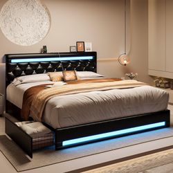 King Size Bed Frame with 4 Drawers, LED Lights and Charging Station, King Bed Frame Platform with Adjustable Crystal Button Tufted PU Leather Headboar