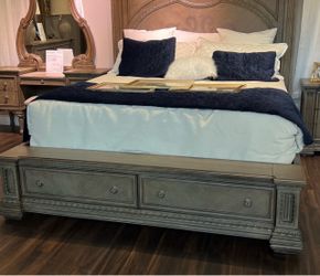 King Storage Bed Frame with Carved Headboard