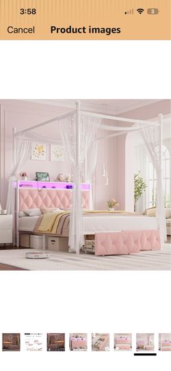 New in the box queen, size bedframe LED canopy and storage drawers