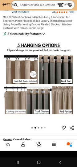 Velvet curtain camel color 2 panels 84 longx 54 wide comes with pin hooks only no rings