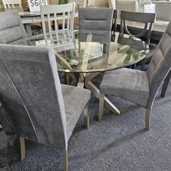 Brand New 48" Round Glass Dining Table + 4 Gray Linen Chairs