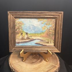 Vintage Small Framed Indian Teepee Oil Painting 5x7