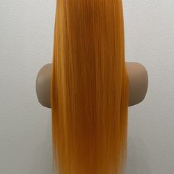 24” Orange Straight Human Hair, Transparent Lace Front Wig