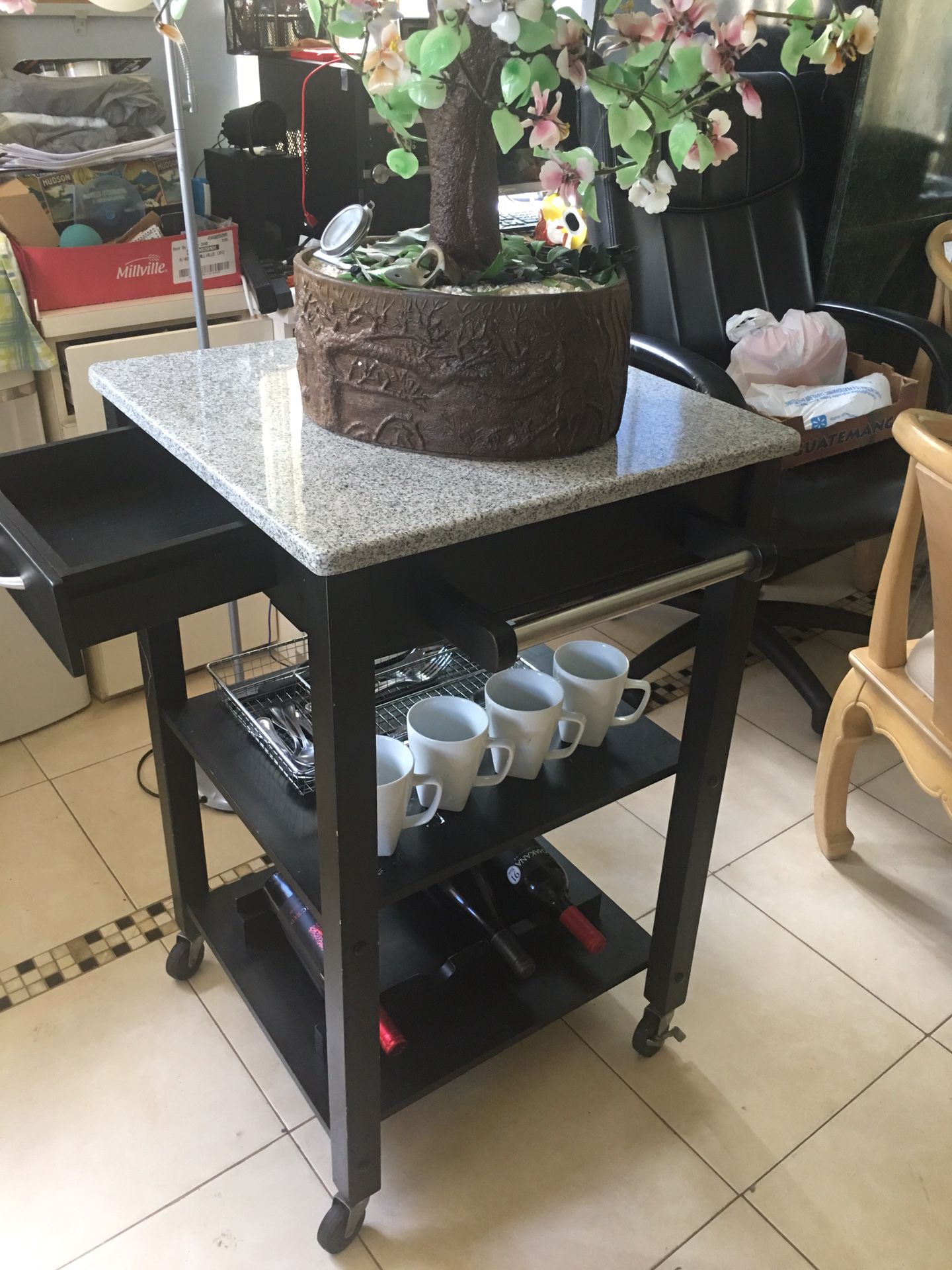 Kitchen Island Table With Removable Marble Top and Wheels Multiple Use.