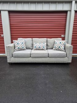 Light Grey Sofa with Nailhead Trim / Free Delivery