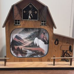 Wooden barn-style picture frame clock with horse artwork