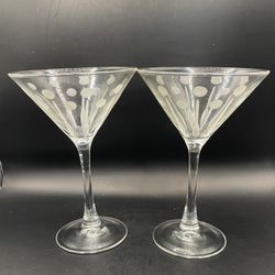Vintage MCM Etched Polka Dot Starburst Martini Glasses Pair- 6 Ounces
