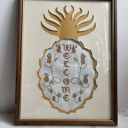 Vintage Wood Frame Pineapple Crosstitch Wall Hanging Welcome Sign