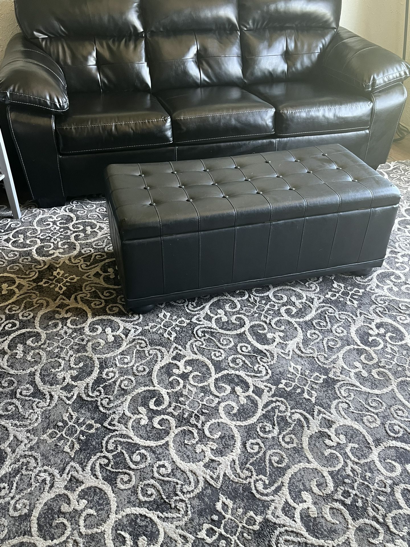 Black Leather Couch, Loveseat, and Ottoman W/