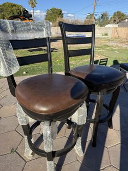 Set of 2 Swivel Bar Stools – High Back Padded Faux Leather