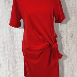 DKNY 2025 Women Red Stretch Cotton Knit Shift Dress With Side Tie Bow, Sz.M NWT