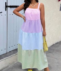 Women Striped Patchwork Ruffled Hem Casual Slip Dress Sleeveless Summer Beach XL
