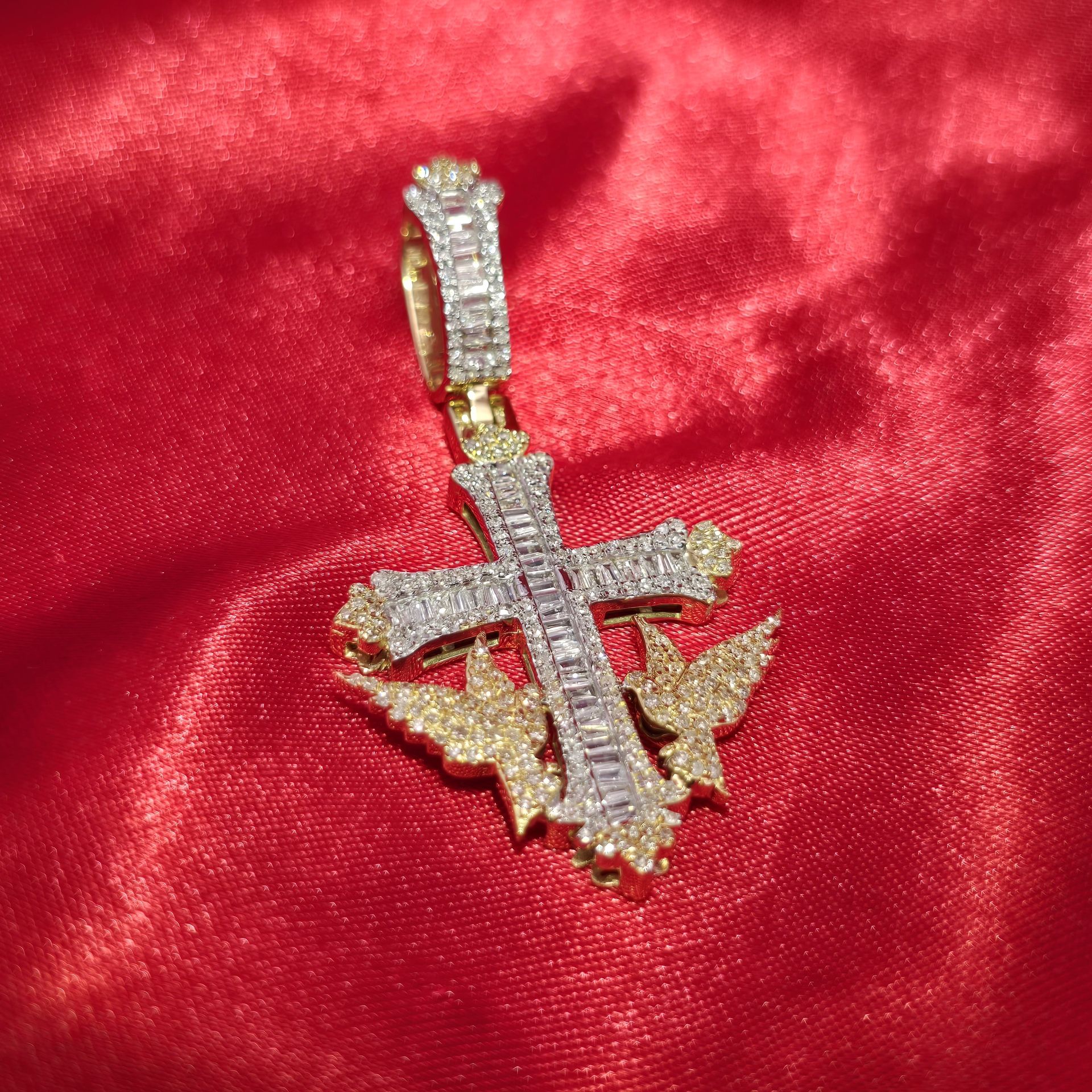 10k Yellow Gold Diamond Baguette Round Cut Cross Pendant 1.05 ctw