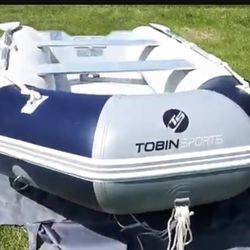 New Tobin Inflatable Boat/lightly used 4.5 HP Johnson 2stroke Outboard motor/ Seamander  Bimini canopy top / Launching wheels
