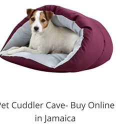 Hooded pet bed, also known as a pet cuddler cave, designed for cats or small dogs.