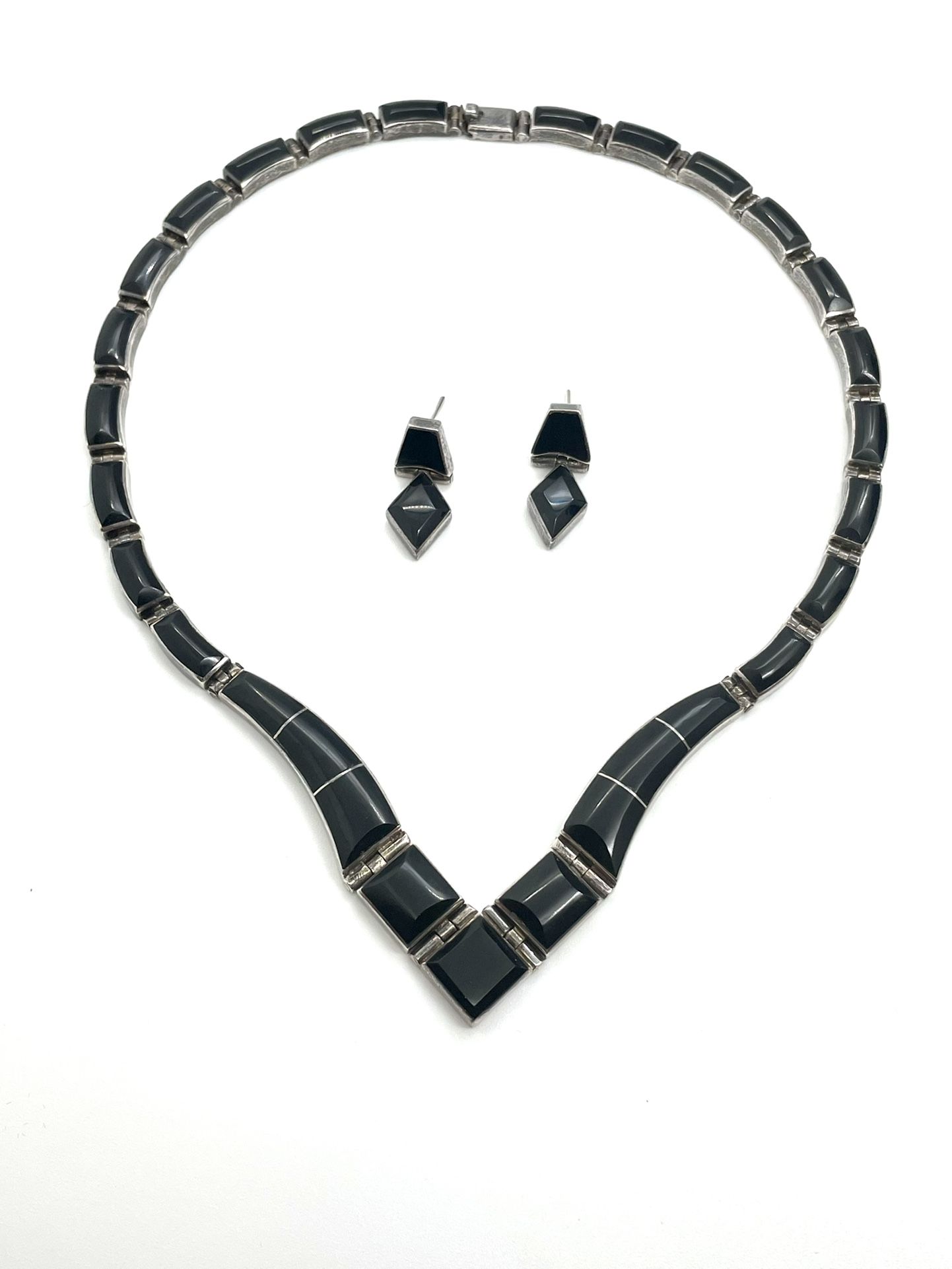 Taxco .950 Onyx Necklace & Earrings 