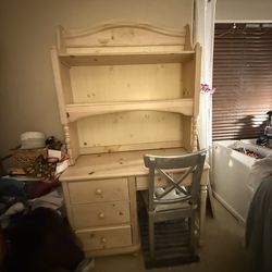 Ethan Allen Wood Desk with Hutch Top with Light and chair