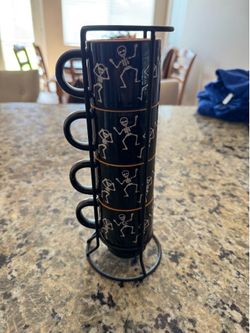 Skeleton Stacking Mugs Set with Metal Rack