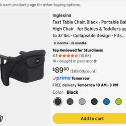 Inglesina Fast Table Chair- Portable, Baby Highchair, Black Brand New