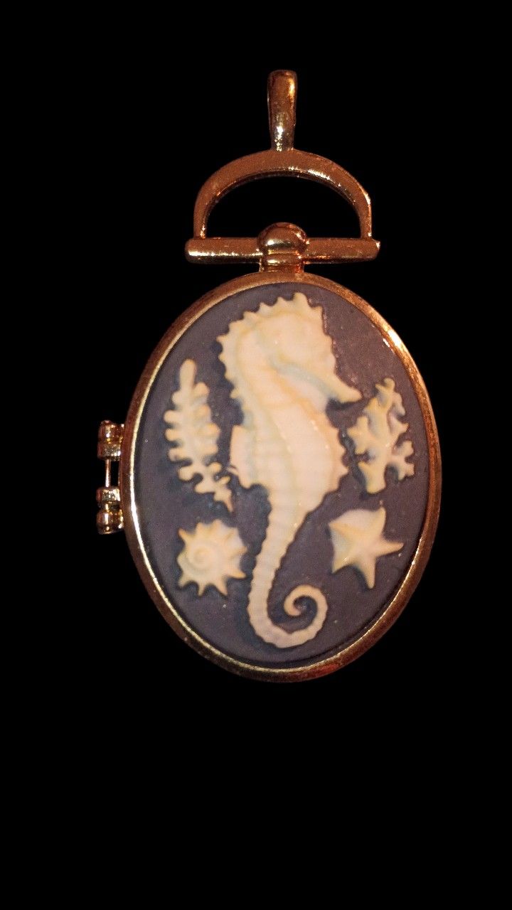 Beautiful Seahorse Locket In Blue And White With Gold Tone