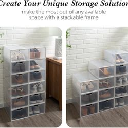 Like New Simplify Set of 12 Stackable Shoe Boxes , Drop Front Design, Closet Storage Clear and White