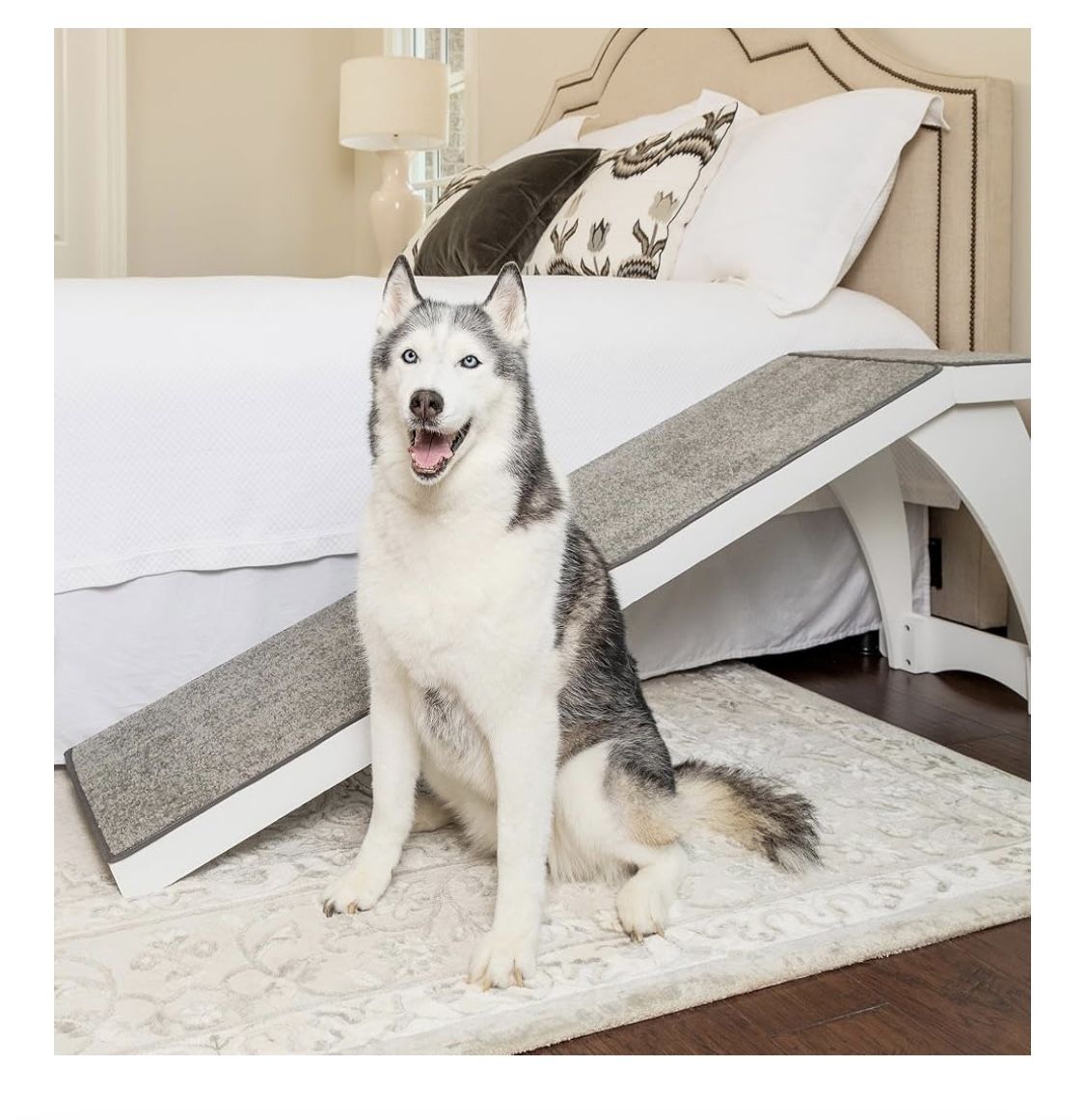 PetSafe CozyUp Wooden Bed Ramp for Cats & Dogs, Furniture-Grade with High-Traction Carpet Surface, White