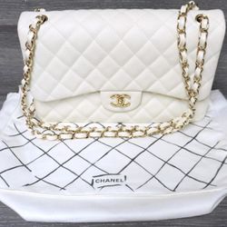 Chanel White Gold Caviar Leather Classic Jumbo Double Flap Bag w/ Dustbag
