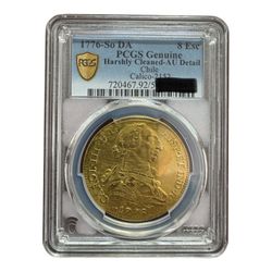 1776 So DA Chile 8 Escudos Gold Coin – PCGS Genuine AU Detail (Harshly Cleaned) Rare Colonial Gold