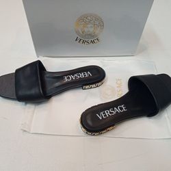 Versace Greca Heels Flat Leather Slippers 