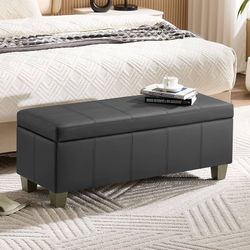 1847b  41" Faux Leather Storage Ottoman, Stitch Tufted Rectangle Upholstered End of Bed Storage Bench, Entryway Large Couch Ottoman with Wooden Legs,D
