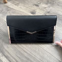 Black Crocodile Texture Clutch Bag w Rose Gold Accents
